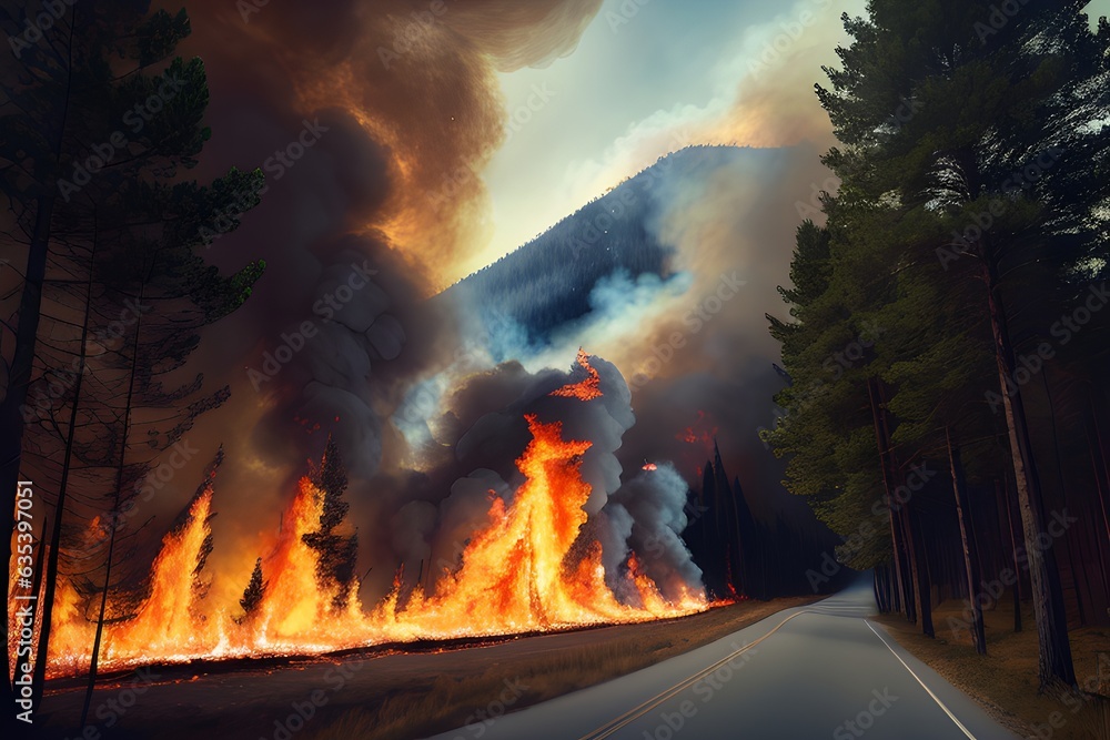 A wildfire is getting closer to an automobile asphalt roadway