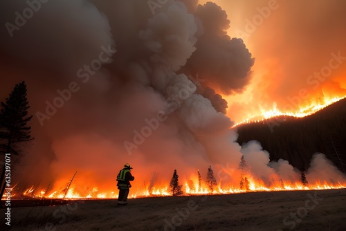 An ecological disaster, a forest fire destroys trees, huge clouds of smoke soaring upwards. In the foreground fireman