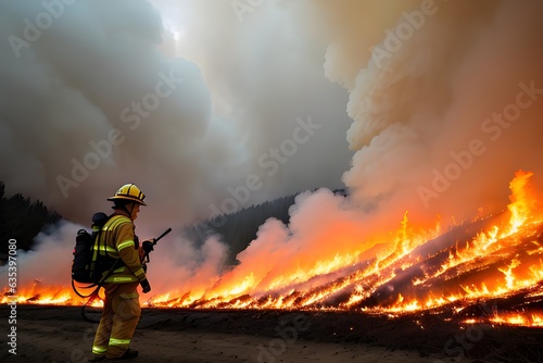 A firefighter prepares to extinguish a gaining hill of woods. A huge billow of smoke covers the entire sky