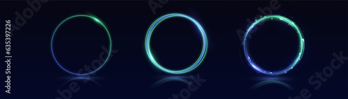 Neon swirl. Curve blue line light effect. Abstract ring background with glowing swirling background. Energy flow tunnel. Blue portal, platform. Magic circle vector. Luminous spiral. round frame