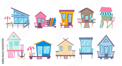 Cartoon Color Different Types Beach Huts Set Concept Flat Design Style . Vector illustration of Hut for Seaside