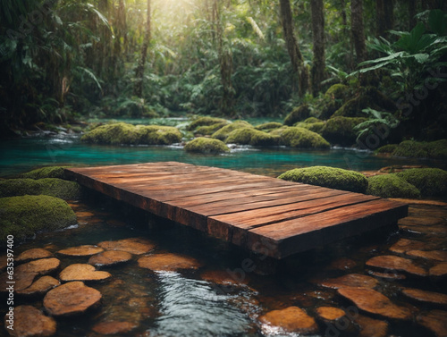 wooden platform in tropical forest with water stream for product presentation