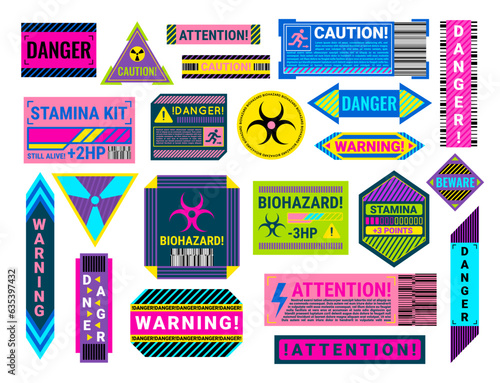 Cartoon Color Different Types Cyberpunk Decal Set Concept Flat Design Style Include of Danger, Caution and Attention. Vector illustration photo