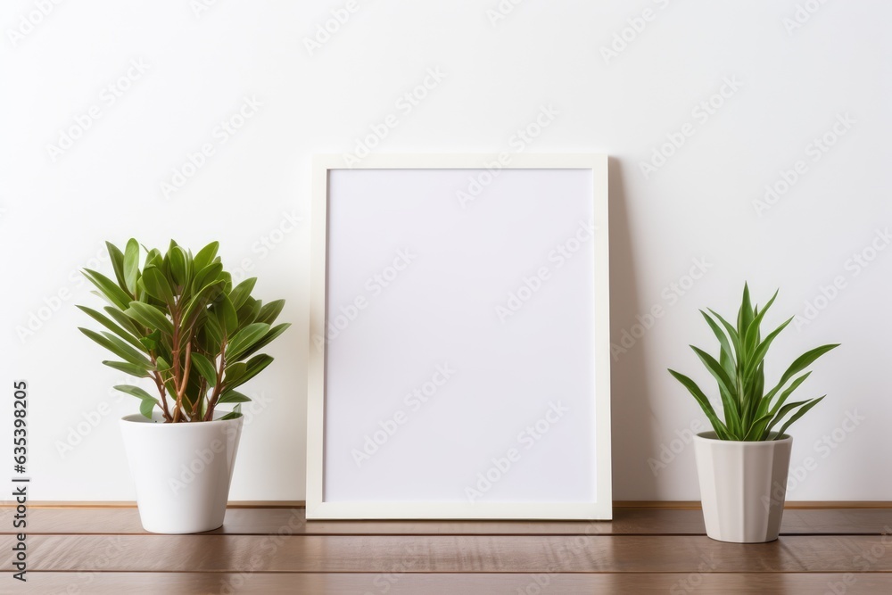 White Photo Frame Mockup Template Design With Plants On The Side White Photo Frame Mockup Template Design With Plants On The Side
