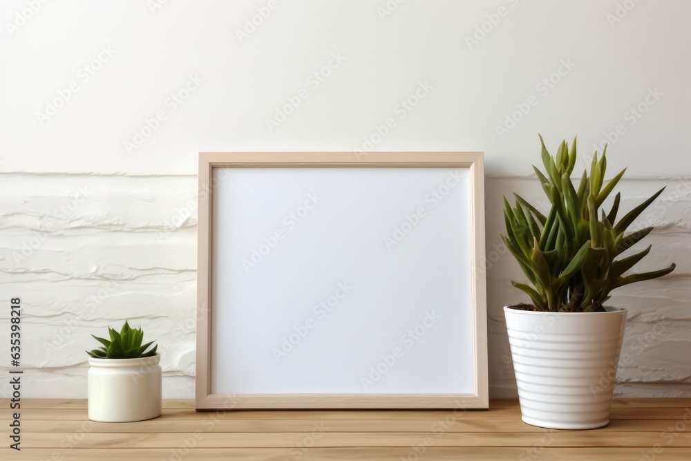 White Photo Frame Mockup Template Design With Plants On The Side