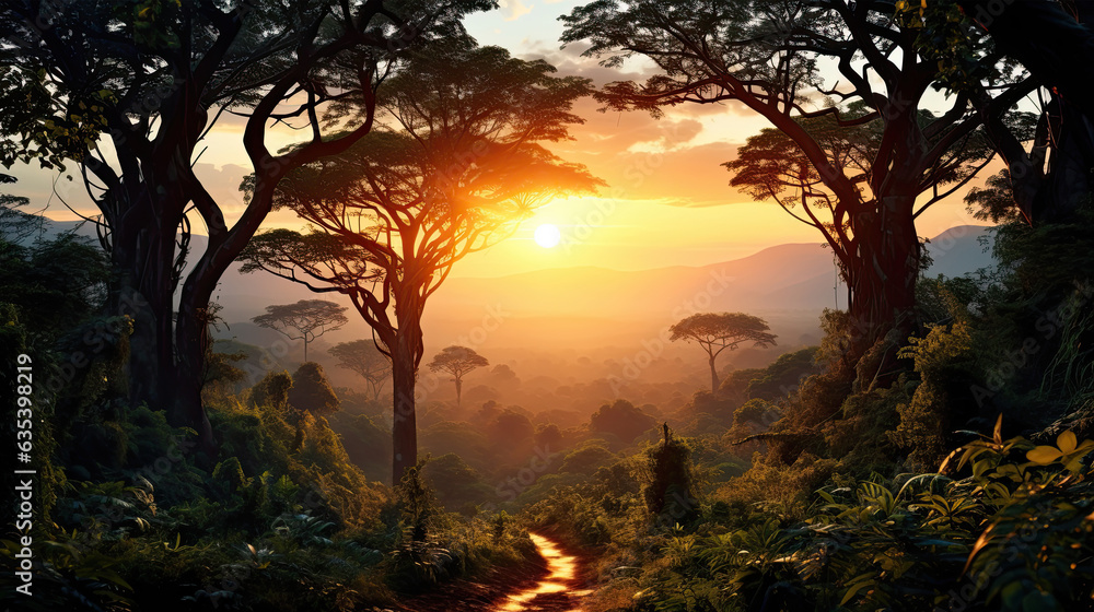 Naklejka premium Tropical sunset in amazon rainforest. Horizontal illustration for backgrounds, covers, wallpapers, collages and other projects about nature.