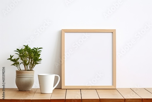 White Photo Frame Mockup Template Design With Plants On The Side