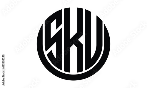 SKU shield in circle logo design vector template. lettermrk, wordmark, monogram symbol on white background.