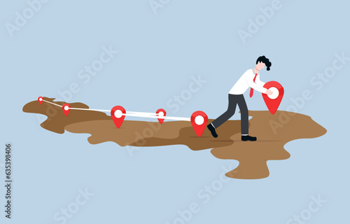 Business expansion, reaching new market area to increase customer base and enhance profitability, franchising concept, Businessman putting map pin icon on new area metaphor of growing corporate branch