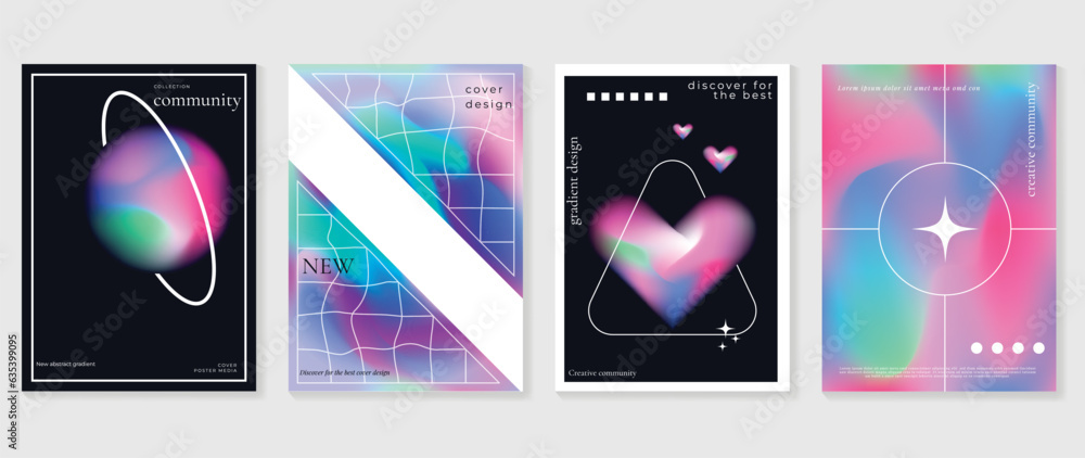 Idol lover posters set. Cute gradient holographic background vector with vibrant colors, line, heart, sparkle. Y2k trendy wallpaper design for social media, cards, banner, flyer, brochure.
