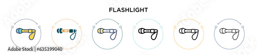 Flashlight icon in filled, thin line, outline and stroke style. Vector illustration of two colored and black flashlight vector icons designs can be used for mobile, ui, web
