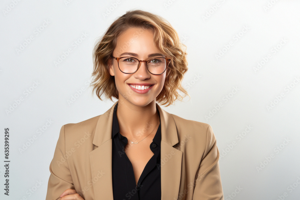 Beautiful portrait of a short-haired business woman smiling in glasses on a light background. generative ai
Beautiful portrait of a short-haired business woman smiling in glasses on a light background. generative ai