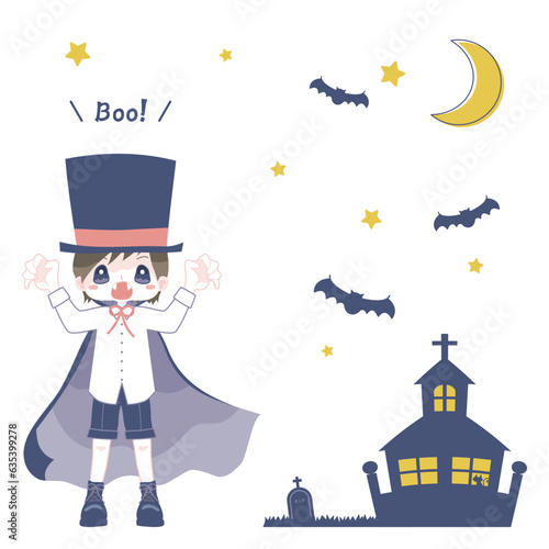 ハロウィンでかわいいドラキュラに仮装した男の子のイラスト