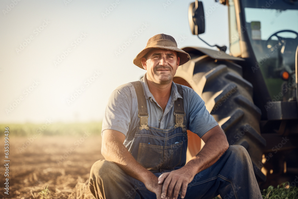 Portrait of a smiling farmer sitting next to a tractor in working clothes. generative ai
Portrait of a smiling farmer sitting next to a tractor in working clothes. generative ai