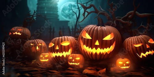 Pumpkins for Halloween with candles. Ghost Pumpkin. Generative Ai. © MinixT