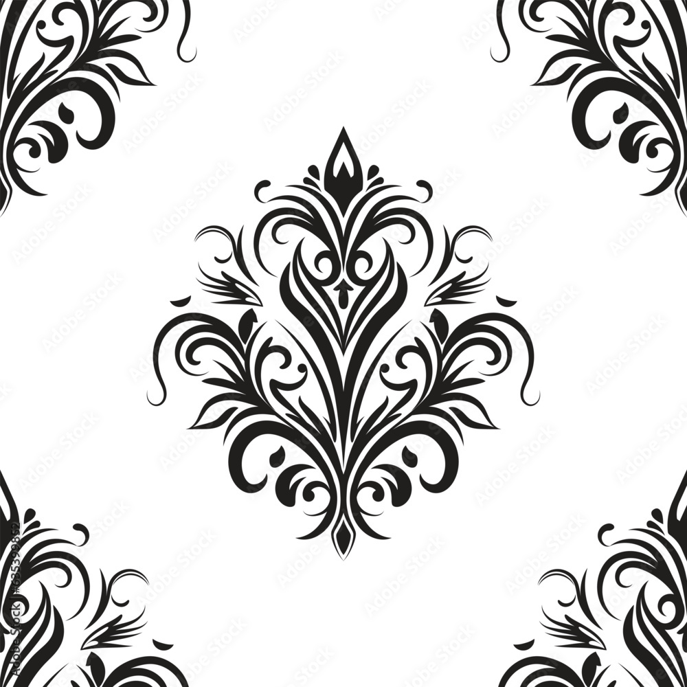 Damask floral motif tile pattern. Luxury wallpaper texture ornament decor. Baroque Textile, fabric, tiles. Isolated on Transparent background.