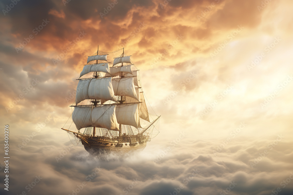 A majestic sailing ship cruises amidst clouds, a metaphor for navigating the vastness of cloud storage spaces - obrazy, fototapety, plakaty 