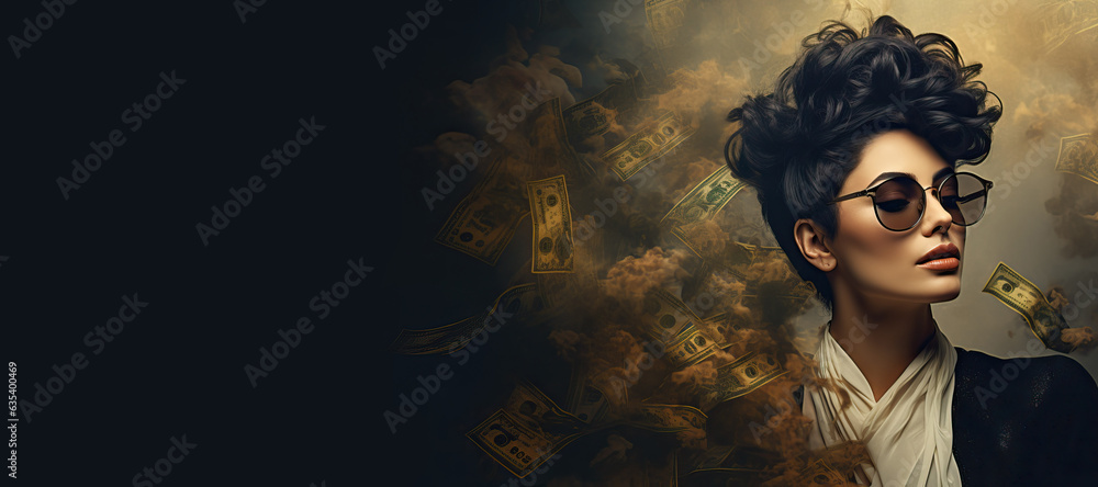 Successful modern luxury, chic, rich Latina Hispanic woman with flying dollar banknotes and gold. Old money. Portrait of successful woman having a lot of money