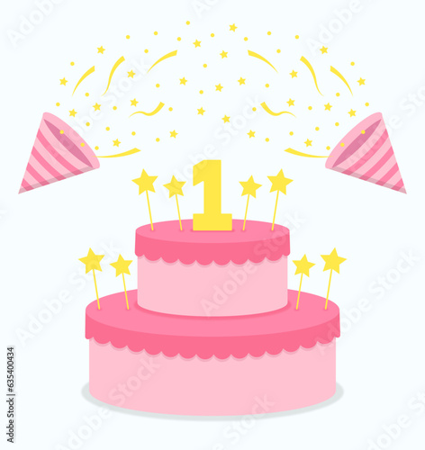 Pink two tiered cake and cracker with confetti