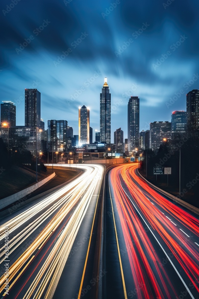 A photograph capturing the motion blur of a busy urban highway during the evening rush hour. The city skyline serves as the background, illuminated by a sea of headlights and taillights