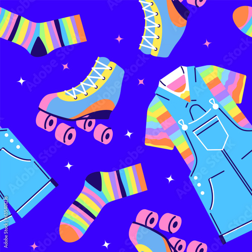 Seamless pattern Y2k clothing. Collection of colorful 90s 2000s style clothing.