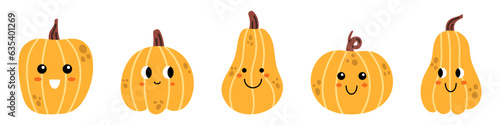 Vector cute halloween or thanksgiving pumpkin set. Collection of kawaii happy halloween pumpkins. Cute pumpkin with faces. Funny smiling pumpkins for halloween or thanksgiving celebration.