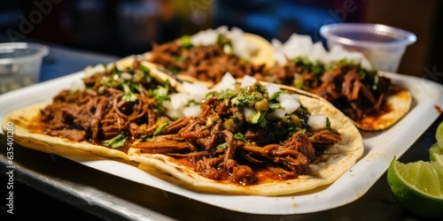 Birria tacos, a flavor-packed journey to Mexico's culinary heart. A vibrant street market, the aroma of spices and sizzling meat. 🌮🌶️🔥