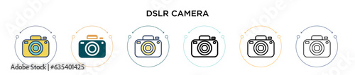 Dslr camera icon in filled, thin line, outline and stroke style. Vector illustration of two colored and black dslr camera vector icons designs can be used for mobile, ui, web