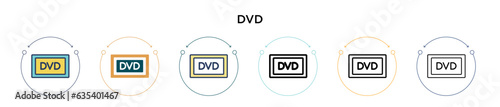 Dvd logo icon in filled, thin line, outline and stroke style. Vector illustration of two colored and black dvd logo vector icons designs can be used for mobile, ui, web