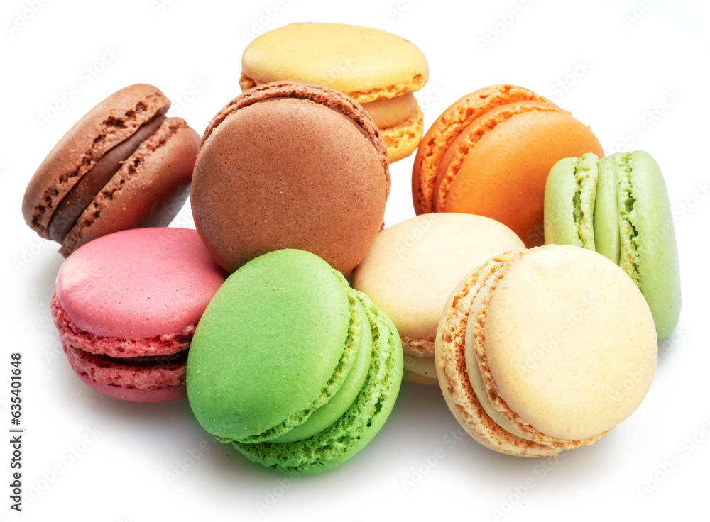Colorful french macaroon cookies isolated on white background. Colorful french macaroon cookies isolated on white background.