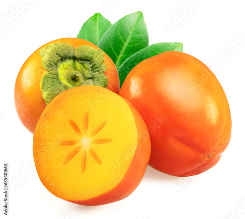 Ripe persimmon fruits or kaki fruits with leaves isolated on white background. photo