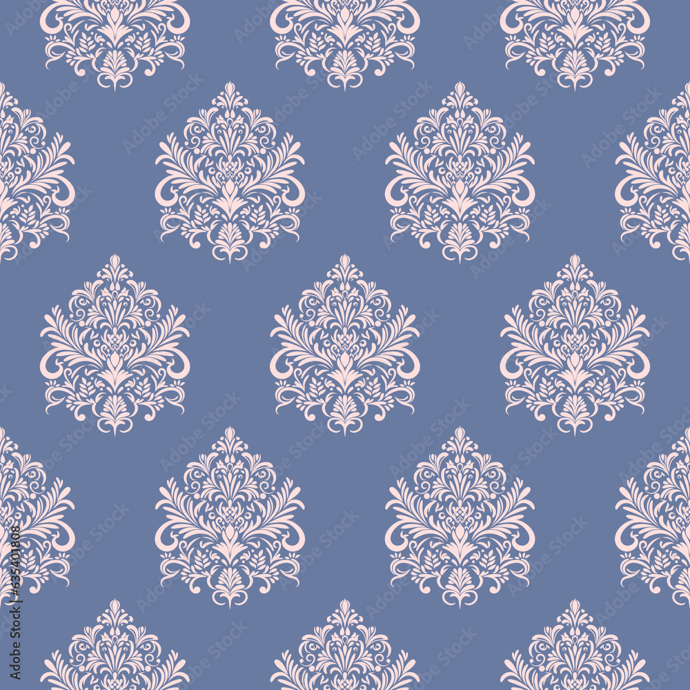 Damask floral pink pastel motif pattern on a grey blue background. Luxury wallpaper texture ornament decor. Baroque Textile, fabric, tiles.