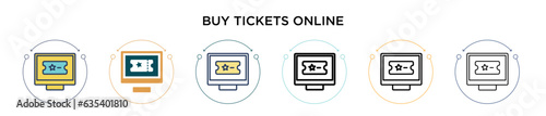 Buy tickets online icon in filled, thin line, outline and stroke style. Vector illustration of two colored and black buy tickets online vector icons designs can be used for mobile, ui, web