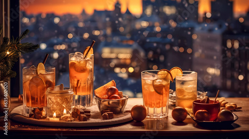 Christmas cocktails, infused with flavors of apple and candy sticks, a winter night scene with holiday lights. Generative AI.