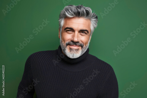 portrait of a man with a beard in front of a green studio background