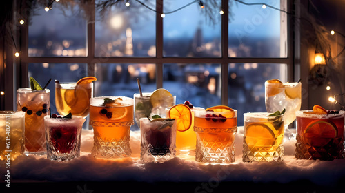 A merry Christmas cocktail, featuring a tons of winter fruits and garnishes, set against a winter wonderland of snowflakes, red berries, and holiday ribbons. Generative AI.