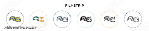 Filmstrip icon in filled, thin line, outline and stroke style. Vector illustration of two colored and black filmstrip vector icons designs can be used for mobile, ui, web