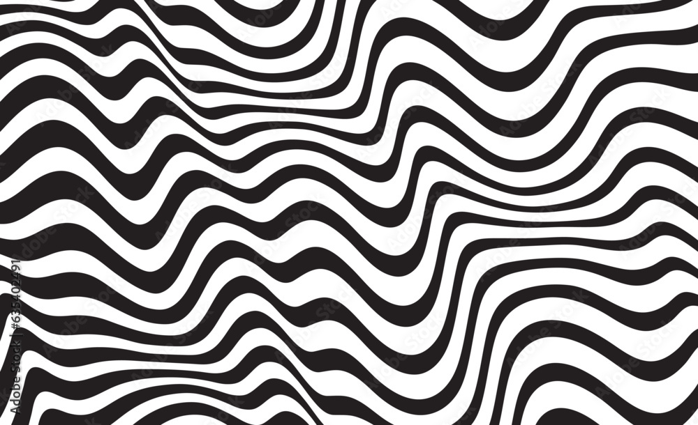 Abstract background in black and white with wavy lines pattern. Trendy wavy background. Vector illustration of striped pattern with optical illusion.