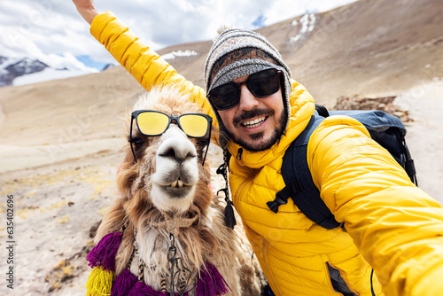Cuadro en lienzo Happy young adult traveler taking selfie with cute peruvian llama in Peru