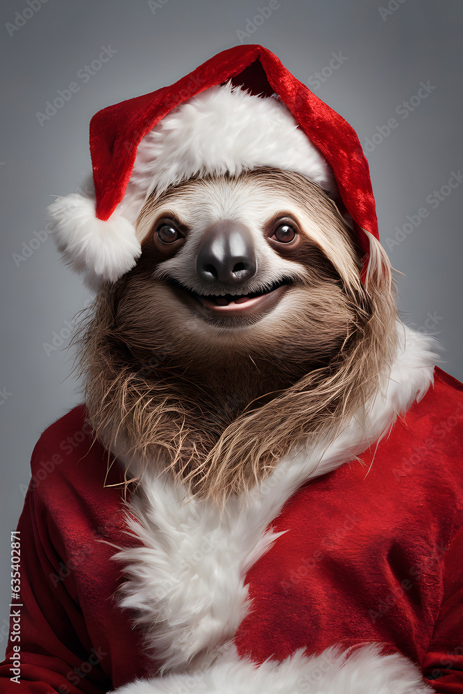 portrait of a sloth in a santa costume on a gray background portrait of a sloth in a santa costume on a gray background