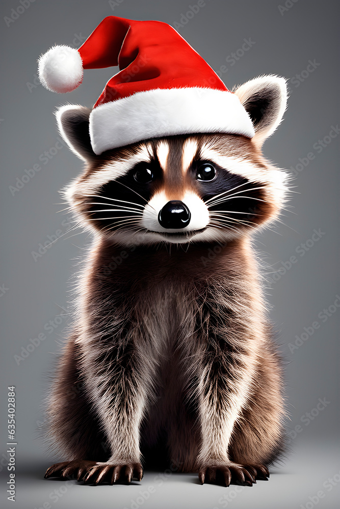 raccoon in santa hat on gray background raccoon in santa hat on gray background