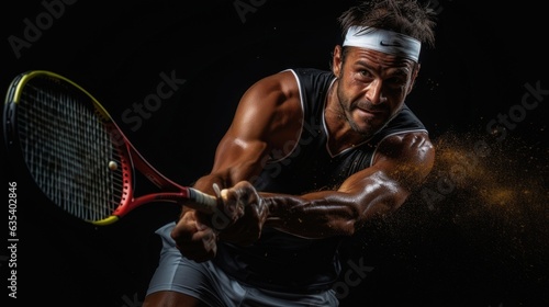 A tennis player hits the ball next to the net. Clay court. 4 photo
