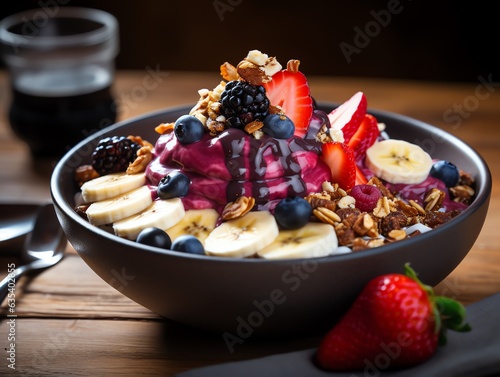 A Fresh Fruitbowl with Banana Strawberries and Blueberries.