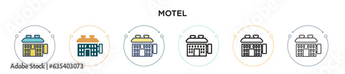 Motel icon in filled, thin line, outline and stroke style. Vector illustration of two colored and black motel vector icons designs can be used for mobile, ui, web