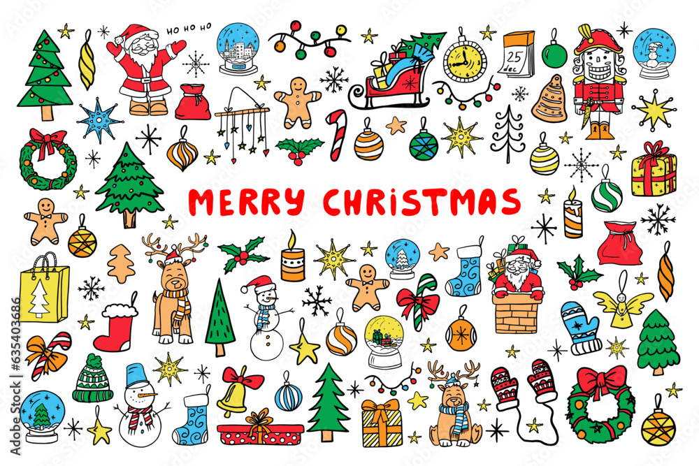 Big colorful set of Christmas elements with lettering. Cute illustration for design, greeting card, decoration, textile. Hand drawn. Vector illustration EPS10 in doodle style. Big colorful set of Christmas elements with lettering. Cute illustration for design, greeting card, decoration, textile. Hand drawn. Vector illustration EPS10 in doodle style.