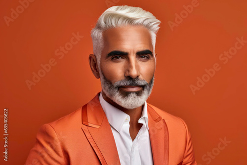 portrait of a man in front of an orange studio background