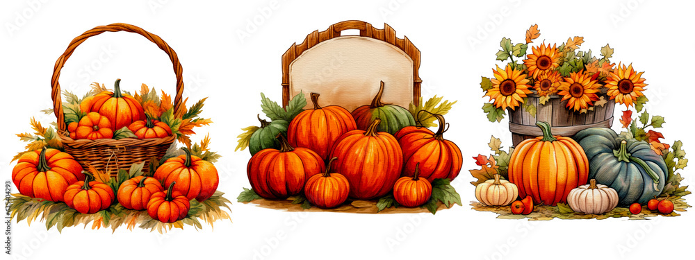 Set of pumpkin patch of a farmer's market sign for a pumpkin patch isolated on transparent background, png  - obrazy, fototapety, plakaty 