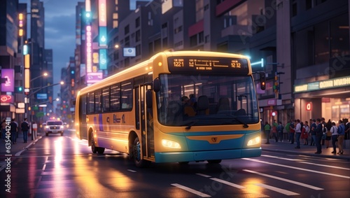 "Urban Pulse: Bus Lights Streaking Through the Night Cityscape"