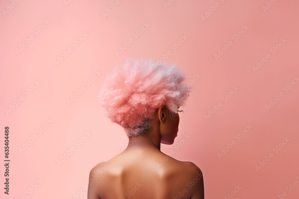 Back view of head and shoulders image of stunning beautiful young african american black woman with nice afro hairstyle on pink background Back view of head and shoulders image of stunning beautiful young african american black woman with nice afro hairstyle on pink background