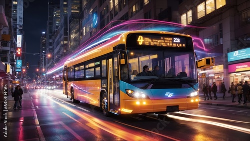 "Urban Pulse: Bus Lights Streaking Through the Night Cityscape"